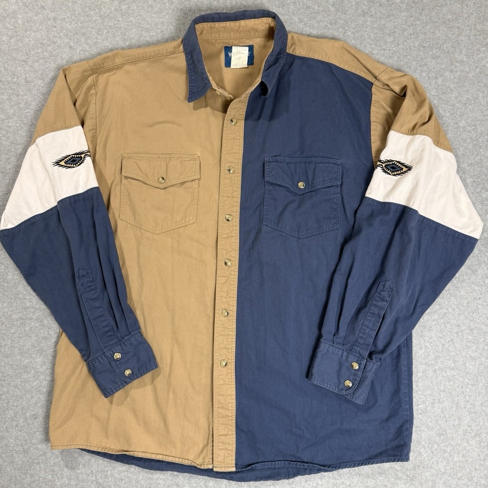 VTG Wrangler Western Aztec Color Block Pearl Snap Mens Large Button Down Shirt